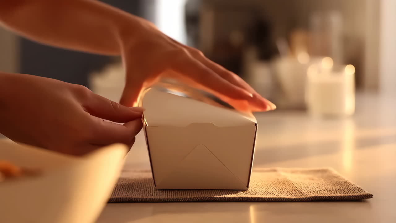 Hands opening a white takeout food box