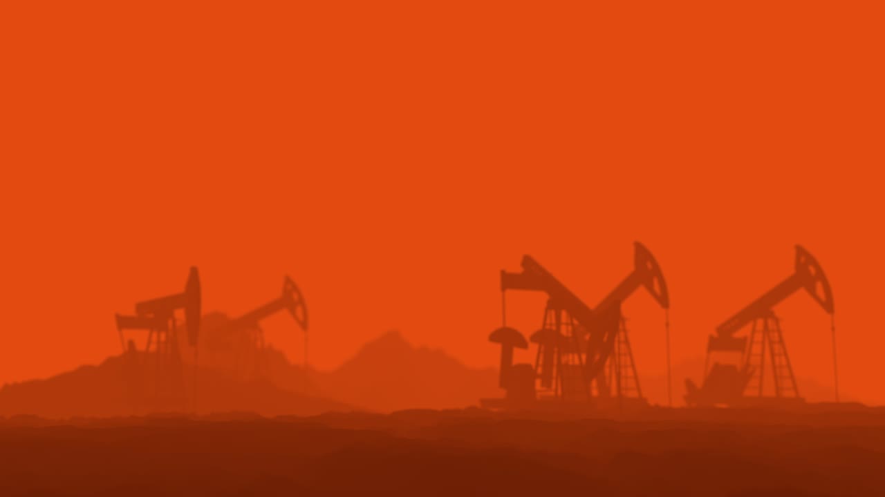 Martian oil Pumpjack. Field of oil extraction. Parallax dolly shot. Desert Martian landscape. Earth depletion. Human exploration of distant planets.Catastrophic climate change, sandstorm, drought