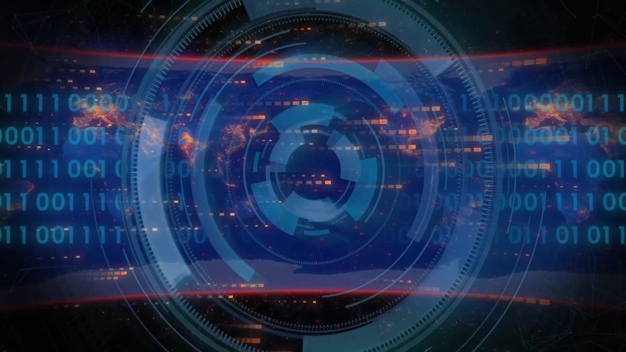 animación del escaneo del alcance y el procesamiento de datos sobre el mapa del mundo sobre fondo negro