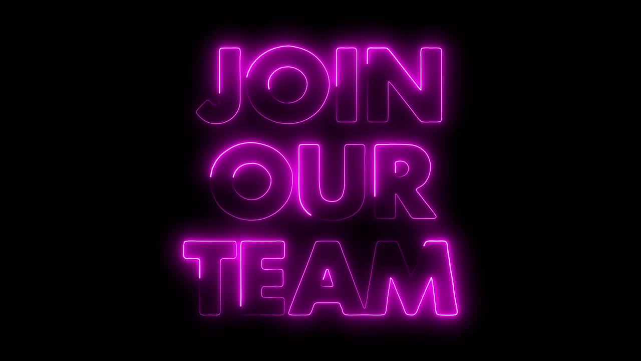 "unisciti alla nostra squadra" con l'animazione del titolo delle linee di confine al neon. animazione a loop senza cuciture. tipografia 4k motion graphic.