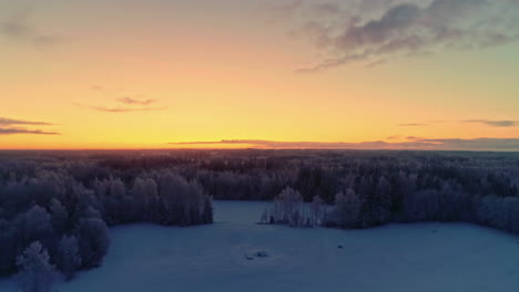 breathtaking sunset lights, dramatic sky over white snow capped forest, drone flyover