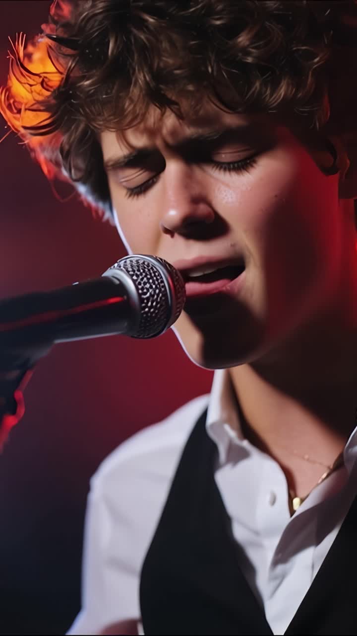 Un affascinante giovane cantante si esibisce con passione sotto luci drammatiche, mostrando la sua connessione emotiva con la musica e coinvolgendo il pubblico con la sua voce
