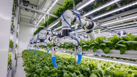automated hydroponic system: advanced robotics in indoor vertical farming cultivating fresh greens with precision and efficiency