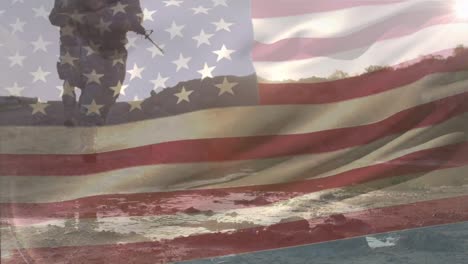 animation of flag of usa over midsections of male soldiers running with guns