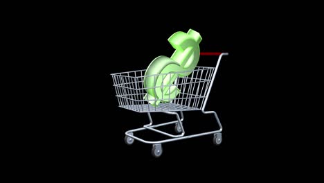 el concepto de comprar o vender un dólar o dinero. un signo de comercio de divisas se encuentra en un carrito de compras de comestibles. renderización de animación 3d sin fisuras.