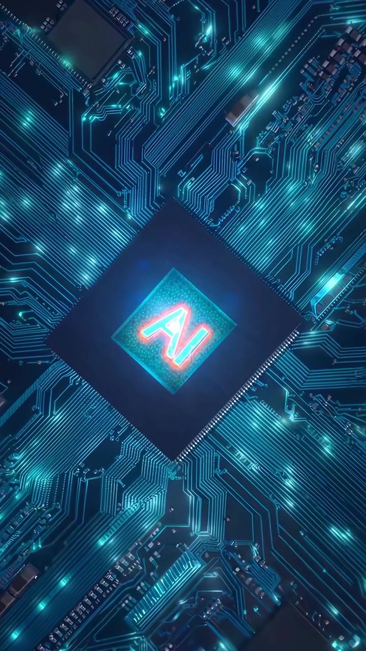 AI Microchip on a Glowing Circuit Board with Data Flow