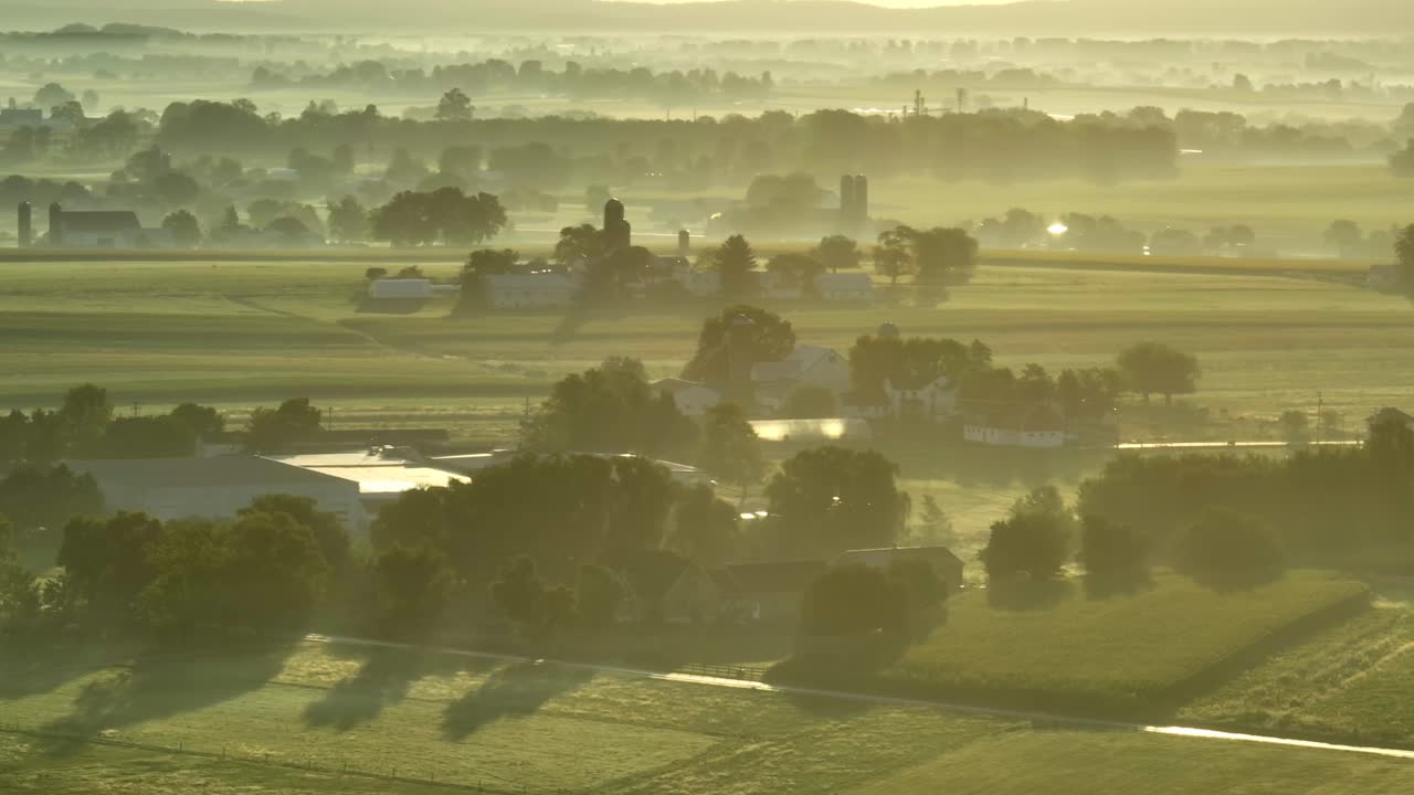 아침 해가 뜨는 동안 미국에서 농촌 농지 위에 안개, 안개, 이슬