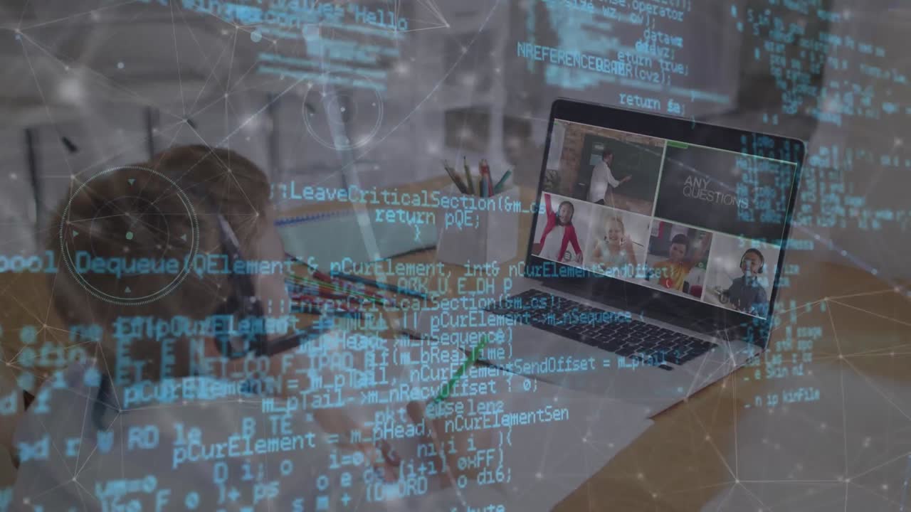 온라인 학교 수업을 위해 노트북을 사용하는 백인 소년에 대한 연결 네트워크의 애니메이션