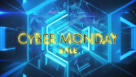 Animation-Eines-Cyber-Monday-Sale-Textbanners-Vor-Neonblauem-Sechseckigen-Tunnel-In-Nahtlosem-Muster