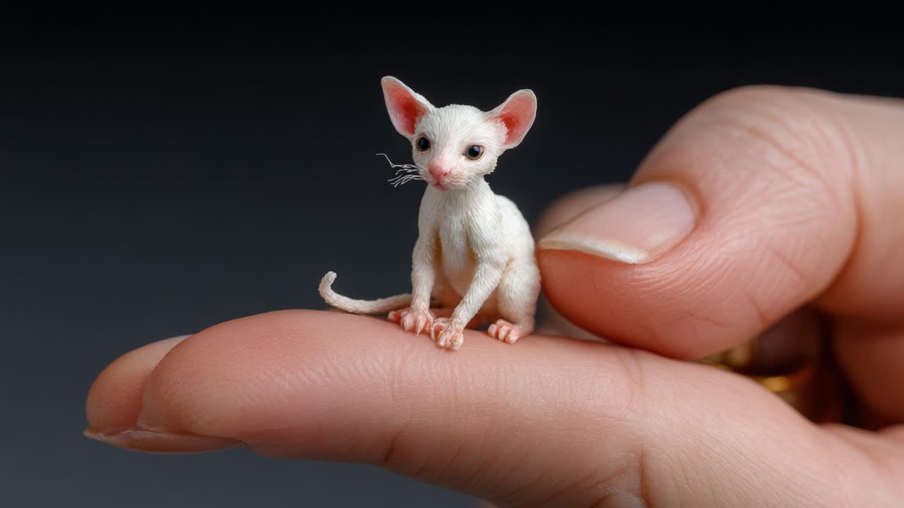 A Tiny Whimsical Creature: A Delicate Miniature Cat Sculpture Nestled in a Hand, Showcasing Intricate Details and a Unique Aesthetic in a Charming Display