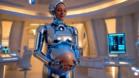 pregnant robot in futuristic setting