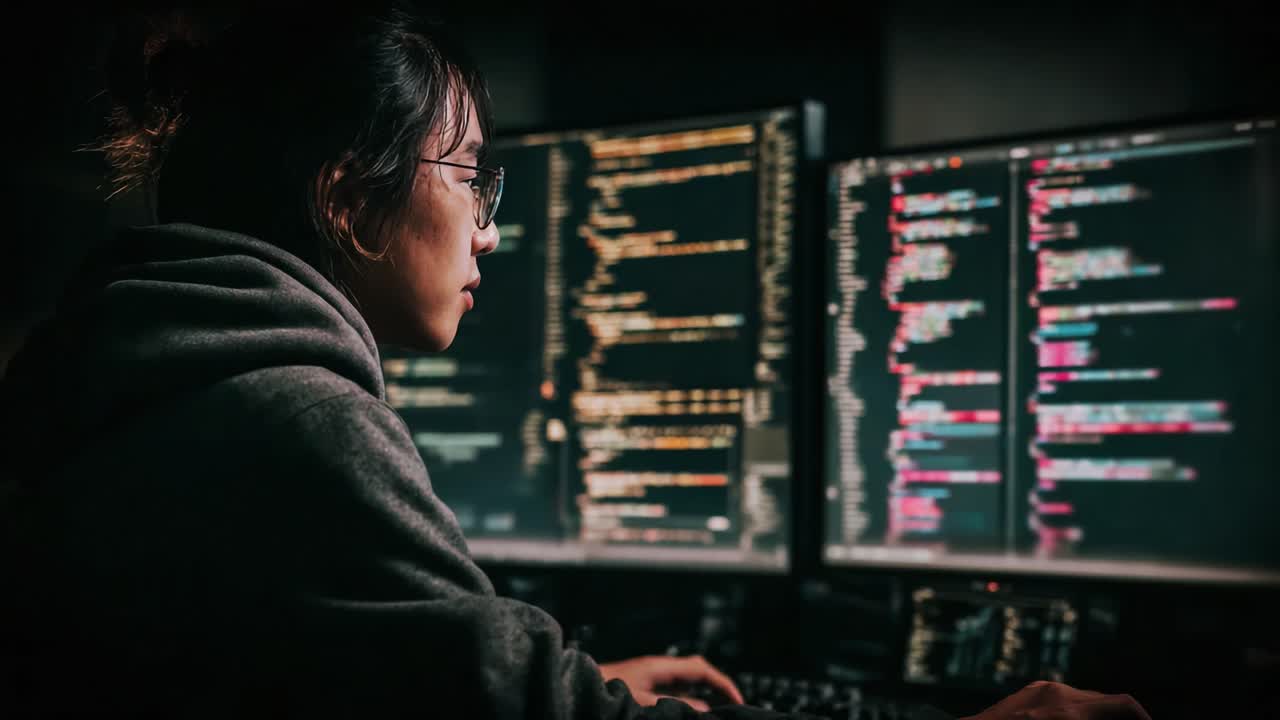 Focused Programmer Analyzing Complex Code on Multiple Monitors in a Dimly Lit Environment, Highlighting the Intensity of Software Development Work