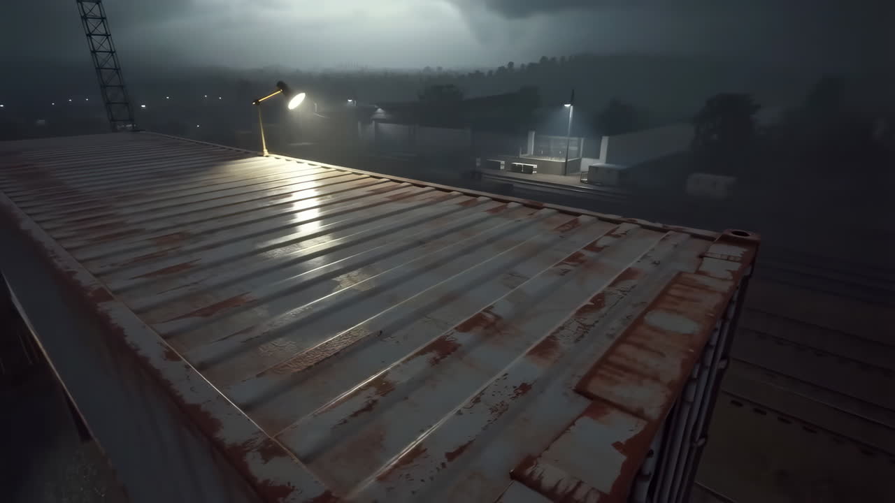 Nighttime View of a Rusty Shipping Container at a Train Yard