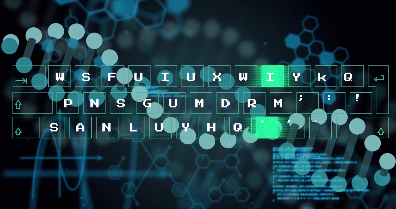 Helix dots entering left and sweeping keyboard, lighting keys and pulsing code for analysis