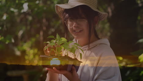 girl wearing straw hat holding plant tray in garden, showing education with animated plant icons