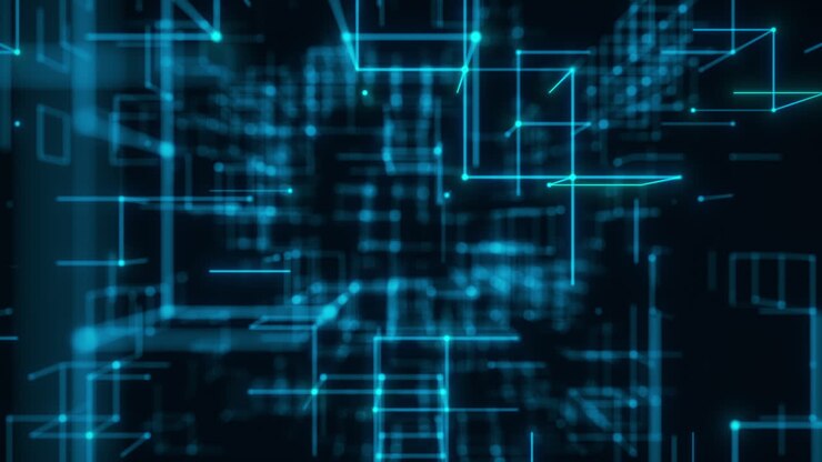 Cubi wireframe blu luminescenti in una griglia futuristica ad alta velocità. Rendering 3D in loop