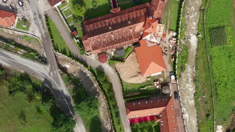 Mileševa-Monastery,-Serbia,-aerial-top-down-view-of-traditional-architecture