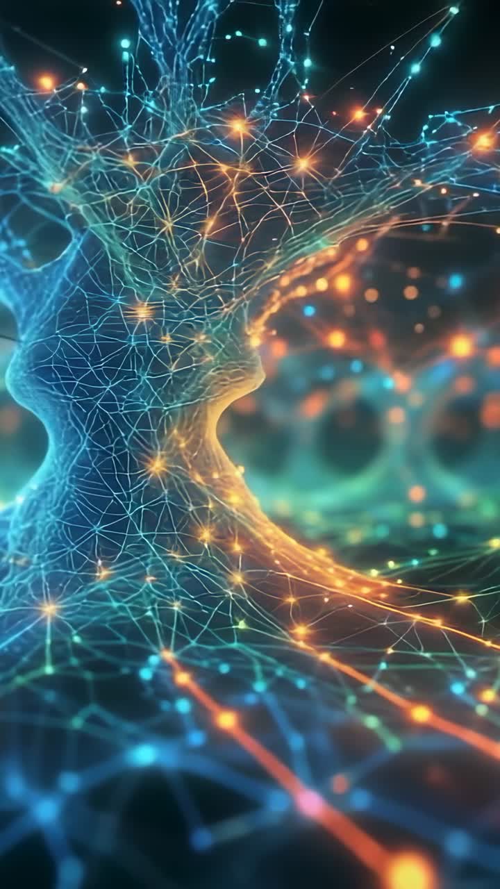 Video verticale: la telecamera si allontana, ruotando intorno alla rete in un ambiente in rendering in 3D, rivelando segnali pulsanti