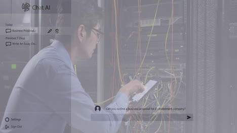 ai 로고와 대화 텍스트 채팅 아시아 남성 기술자가 서버  ⁇ 에서 일하고 있습니다.
