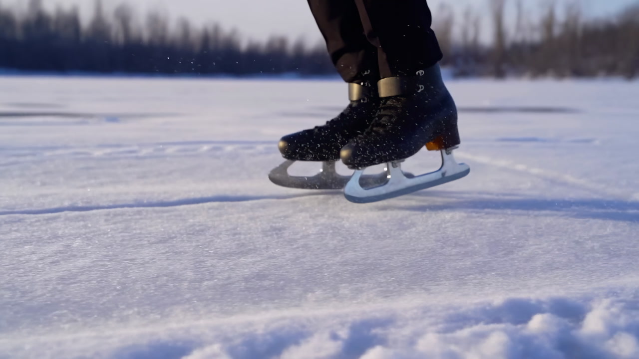 Black Skates Gliding On Frozen Lake, Lowangle Closeup Of Boots And Blades Carving Crisp Snow, Distant Tree