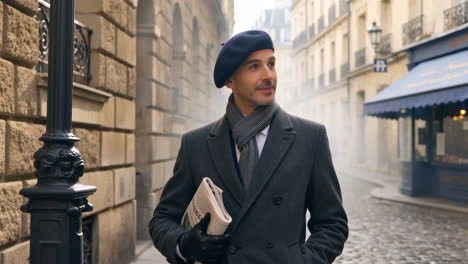 stylish man in a beret walking on a classic parisian street