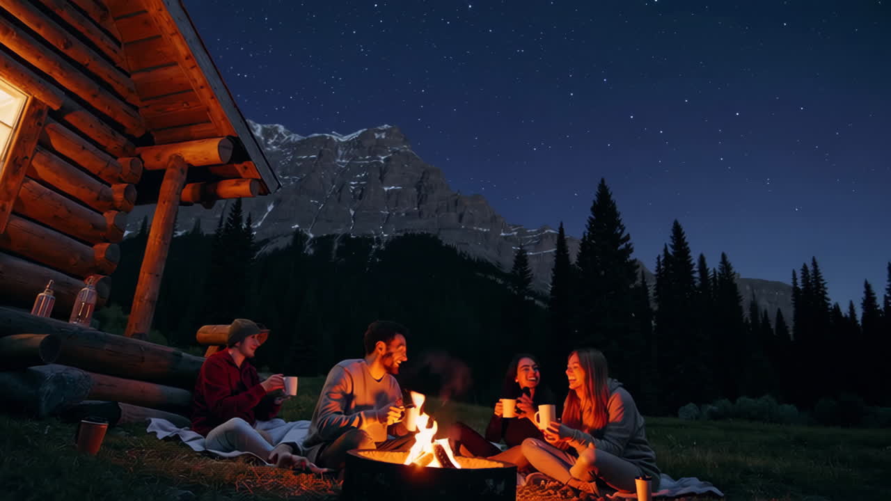 친구 들 이 밤 에 캠프 불 을 즐기고 있다