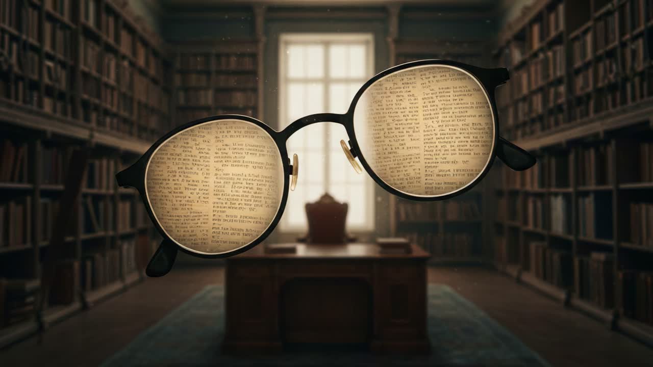 A Captivating Perspective: The Enchantment of Knowledge Through Spectacles in an Expansive Library Rich with History and Literature