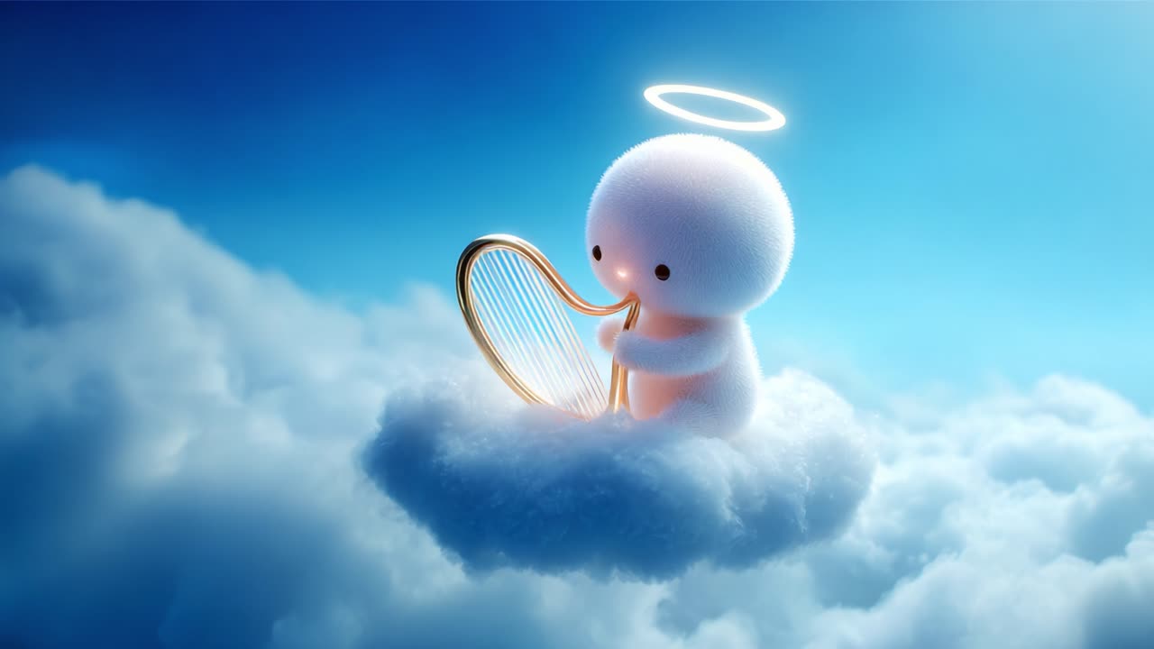 A whimsical, heavenly character plays a golden harp while sitting on a fluffy cloud, radiating innocence and joy in a bright, dreamy blue sky filled with ethereal clouds and a gentle glow