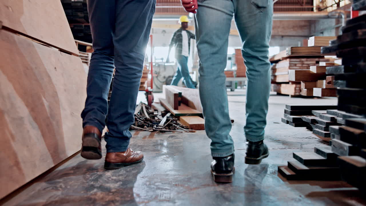 Workers' Legs and Shoes Walking in a Lumber Workshop