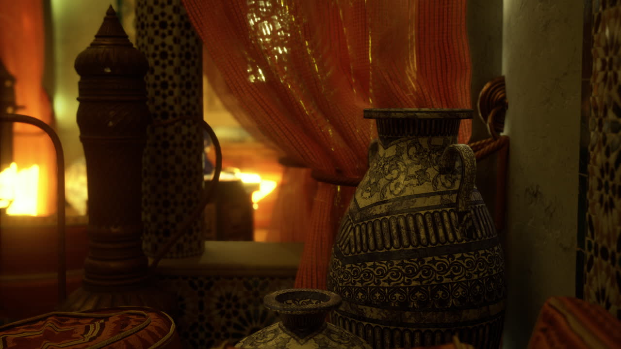 Decorative pottery and textiles in a warm ambient interior setting