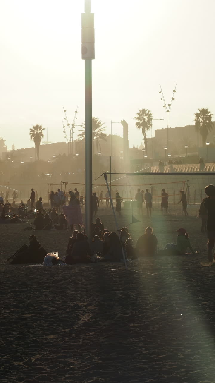 Spiaggia affollata in estate a Barcellona, in verticale.