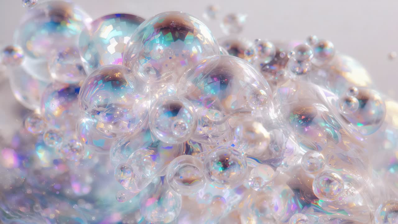 Light shifting dense bubbles breathing, sliding spheres upward in studio, showing soap-film sheen