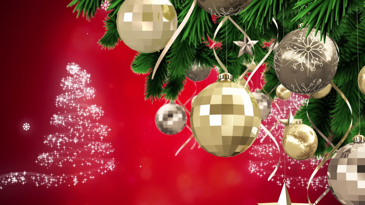 animación de la nieve cayendo sobre la decoración de navidad con bolas