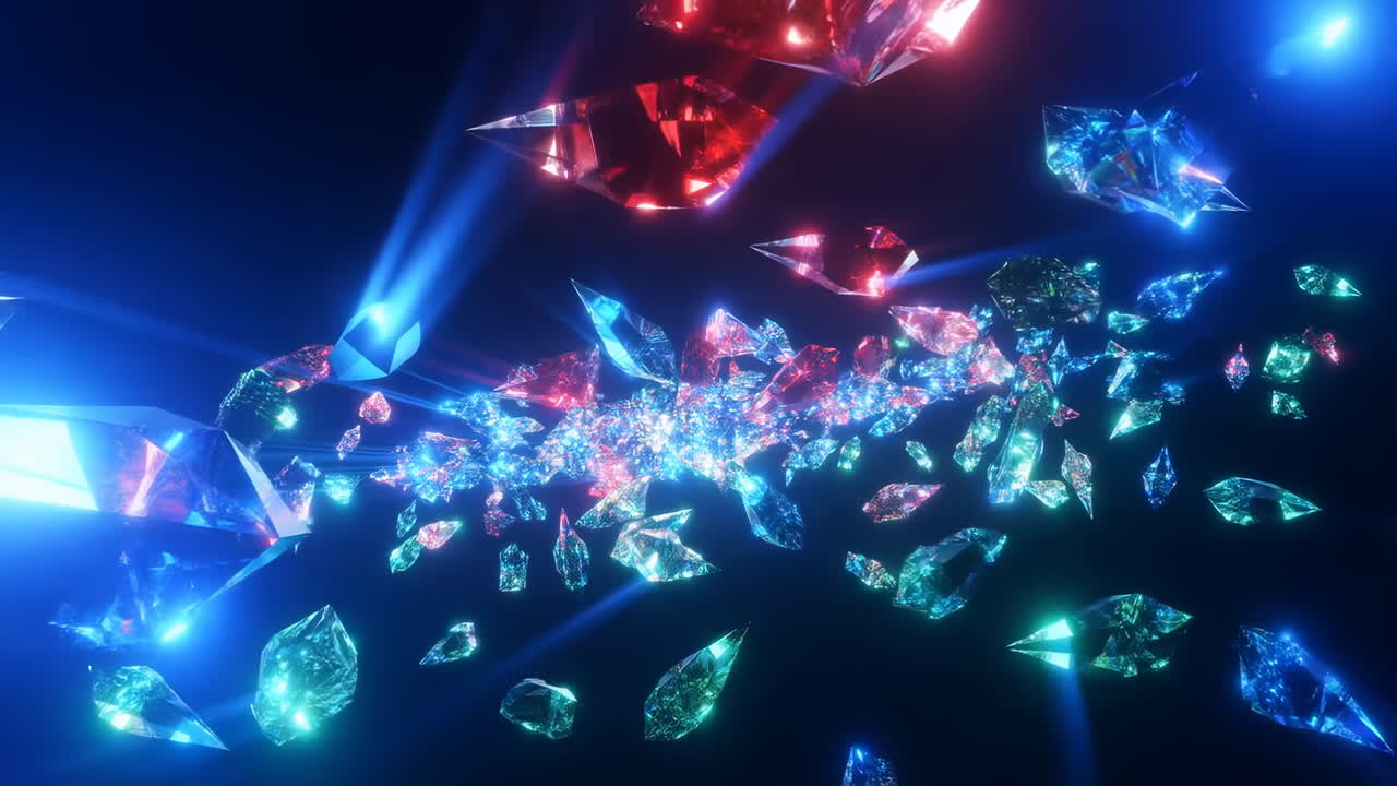 Neon Crystals Drifting Through Dark Void, Glowing Blue Red And Green Facets Scatter In Slow Motion, Cinematic