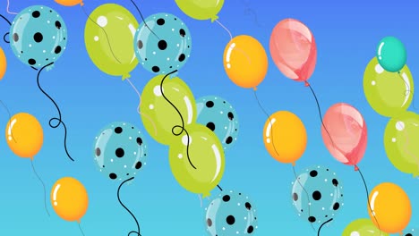 Animation-Von-Bunten-Luftballons,-Die-Auf-Blauem-Hintergrund-Fliegen