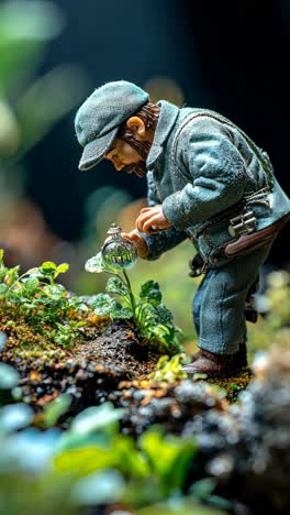 gardener tending to a small plant in a lush forest environment