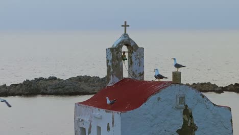 Close-up-of-abandoned-island-church-with-seagulls-in-slow-motion