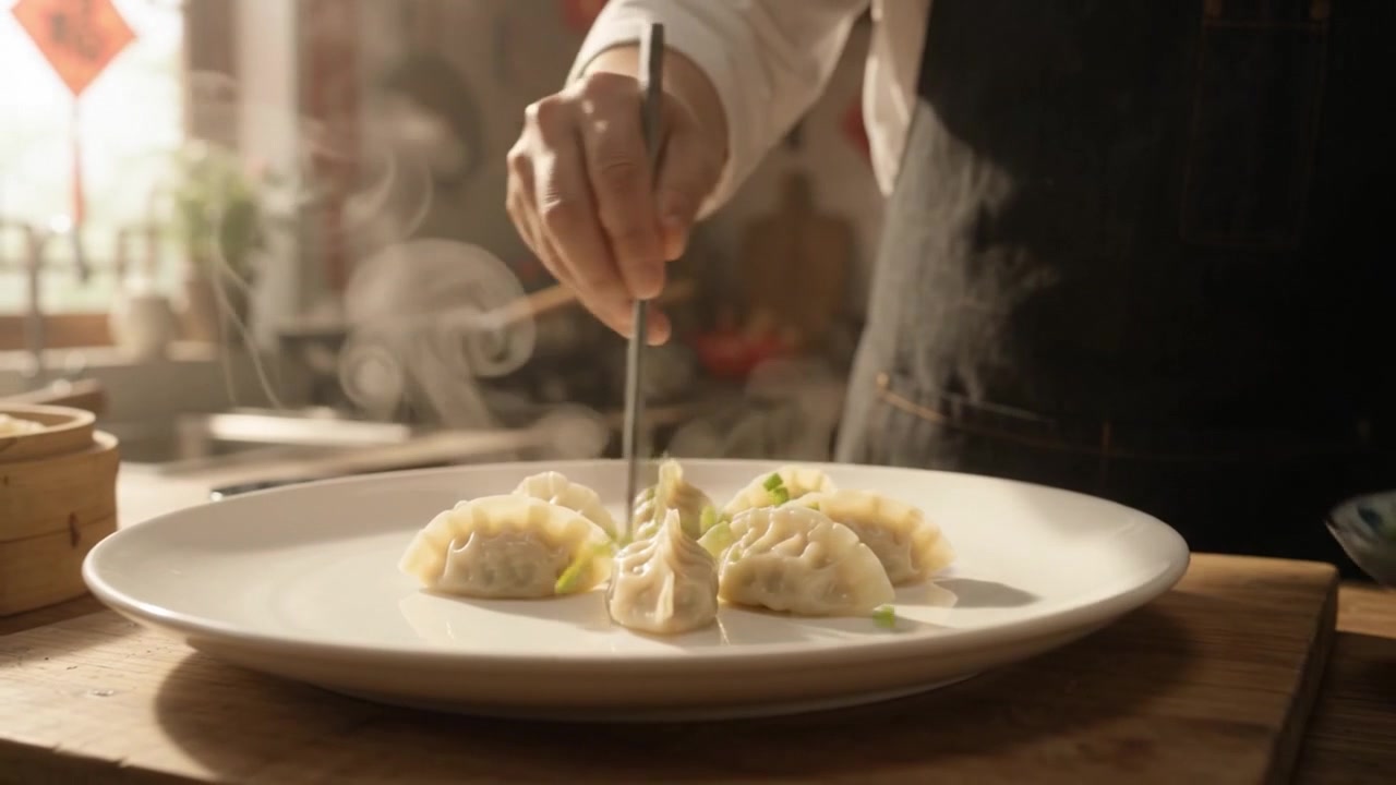 Chef Plating Steaming Dumplings in Traditional Kitchen