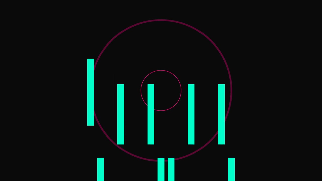 Animated audio equalizer bars moving rhythmically with a glowing neon circle on a black background. Ideal for music visuals, DJ sets, podcasts, sound design and digital media content.