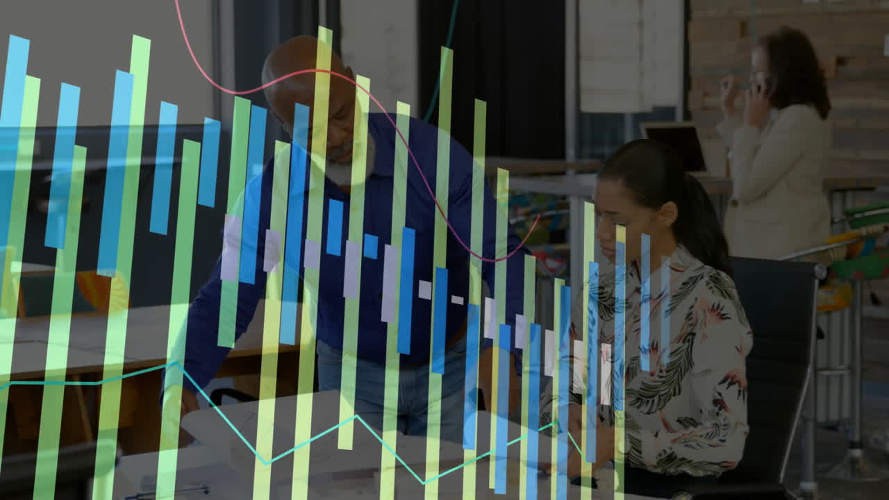 Three business professionals collaborating at desk in office, showing animated bar-chart overlays
