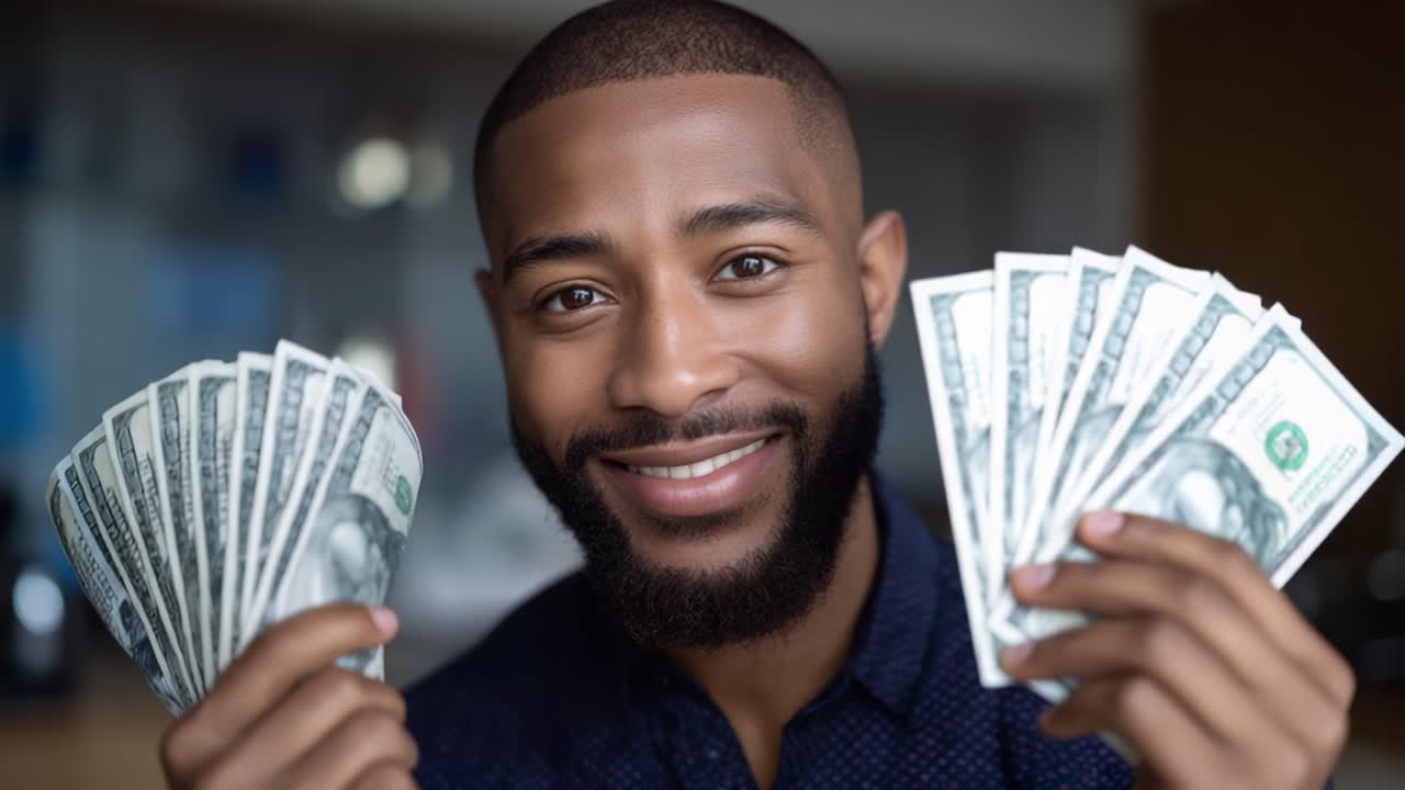Homem alegre segurando várias notas de dólar, expressando felicidade e sucesso em independência financeira e riqueza, irradiando confiança e conquista