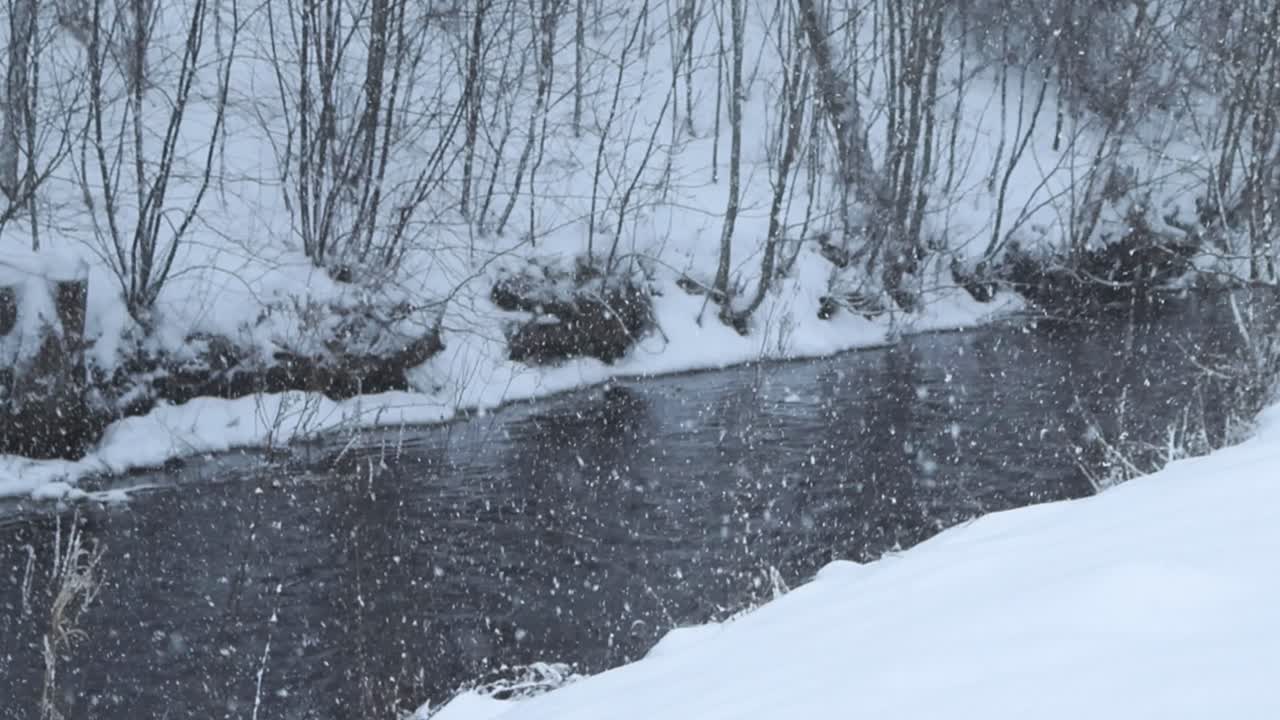 Heavy snow fall with a dark river water in the background with fluffy white snow on the riverbanks during a cloudy weather day. Snowflakes are large and fall in slow motion on the ground.