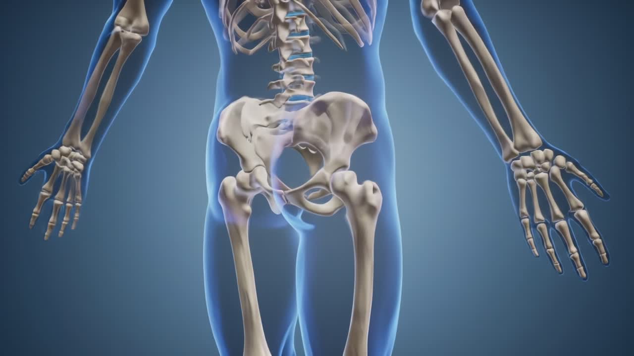 Detailed Anatomical Visualization of the Human Skeleton Highlighting Bone Structure in the Arm, Spine, and Pelvis for Educational Purposes