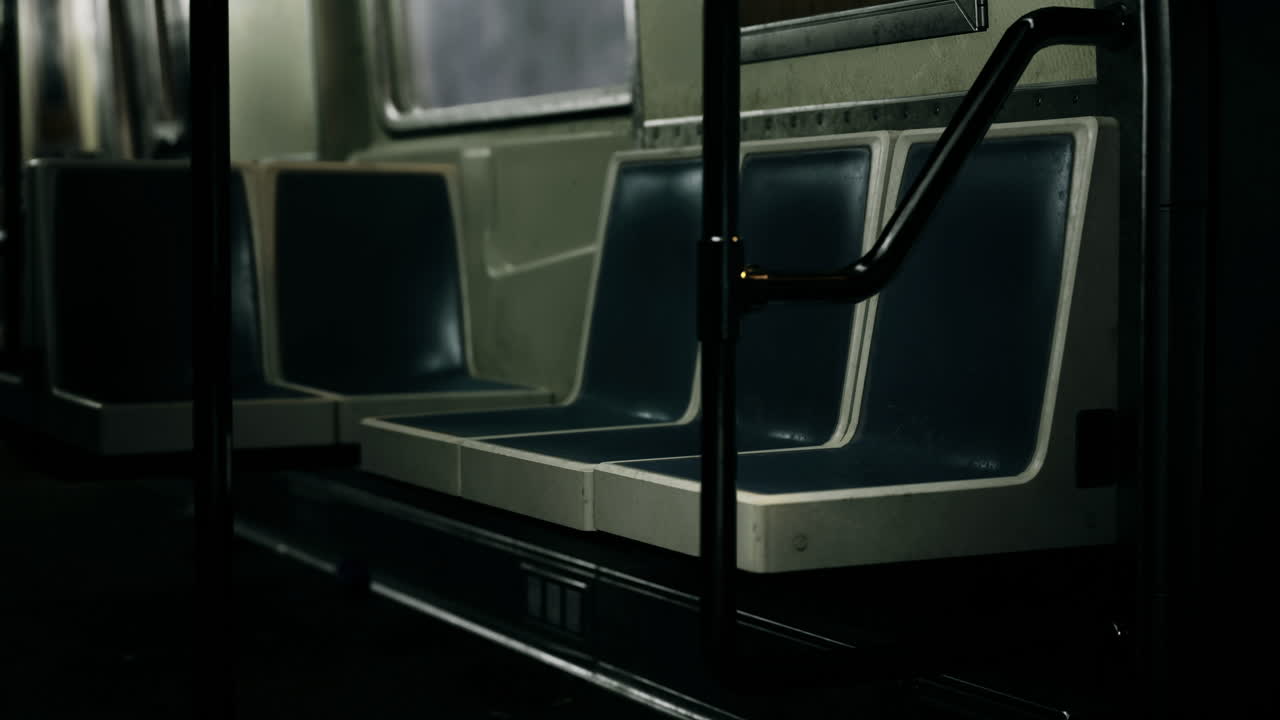 Empty public transport seats in a dimly lit subway during early morning hours