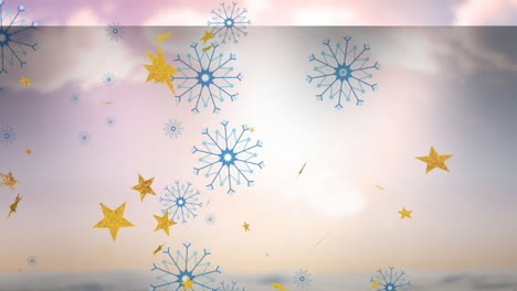 animation of snow falling over christmas stars