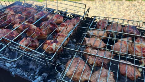 delicious barbecue chicken cooking on grills surrounded by smoke and charcoal, showcasing perfectly grilled meat and flavorful seasoning in outdoor setting
