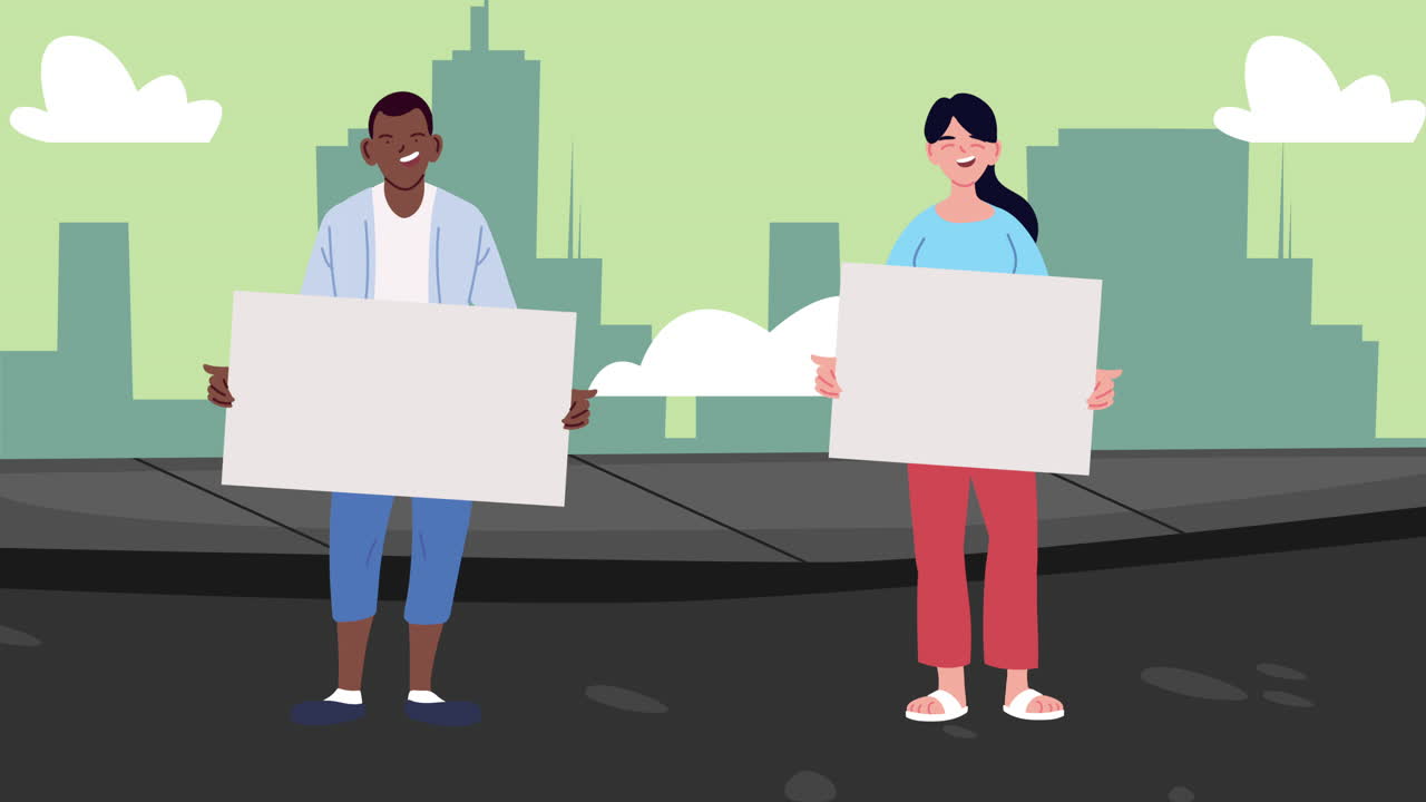 도시 에서 표지판 을 들고 있는 다양 한 집단