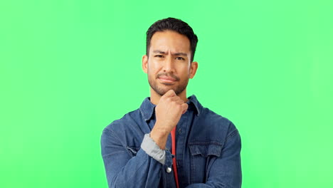 hombre, sacudiendo la cabeza e infeliz con la pantalla verde