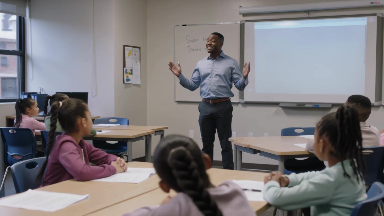 Starting male teacher in blue shirt leading lesson at front of classroom, gesturing to whiteboard