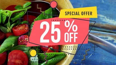 animación de oferta especial y fuera de texto con 25 número y percentil sobre verduras en la mesa